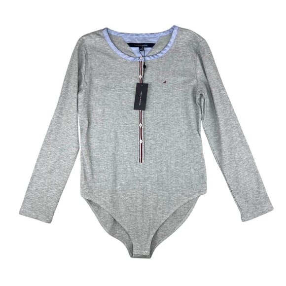 Tommy Hilfiger Womens Grey Long-Sleeve Bodysuit With Striped Button Detail Large - Picture 1 of 13